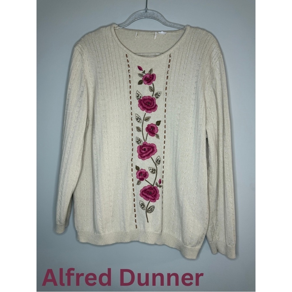 Alfred Dunner Cream Embroidered Floral Sweater Pink Roses Vintage Cottagecore - Picture 1 of 4